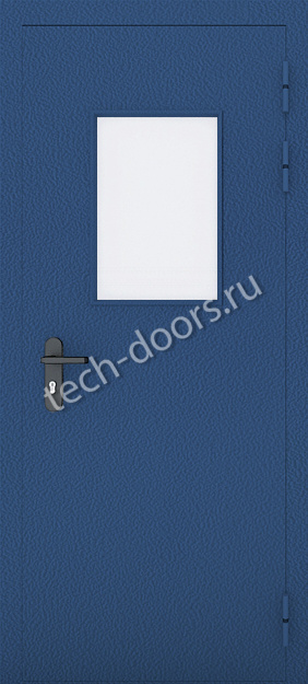 Противопожарная однопольная дверь синяя 780x2050 остекленная